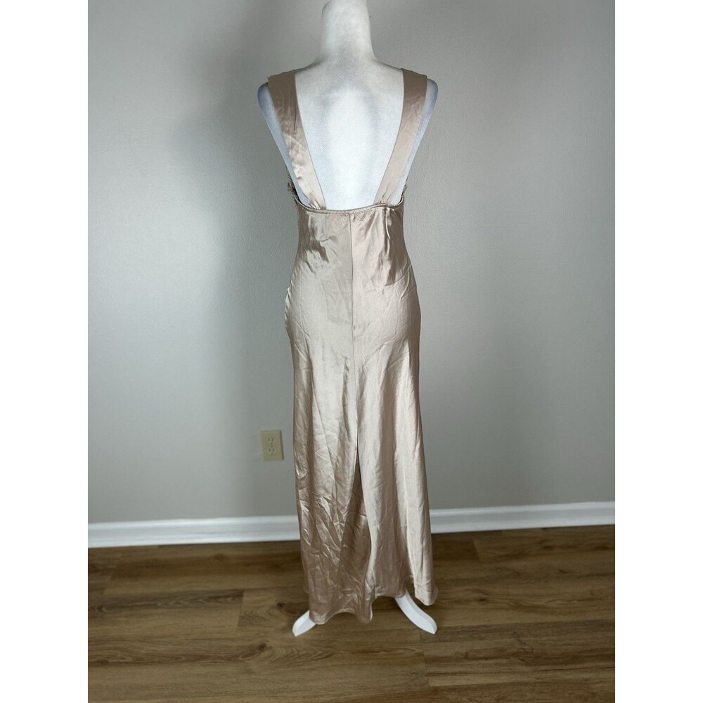 Lace Beige Satin Maxi Dress Size M Slip Gown Event Cocktail Party Sexy Romantic - Picture 7 of 7